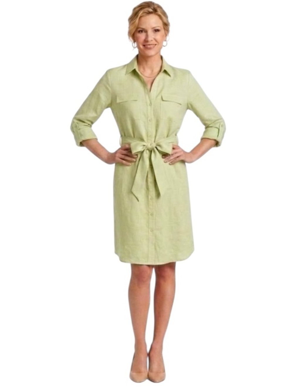 Magaschoni 100% Linen Shirt Dress XL Chartreuse Belted Button Front Roll Tab